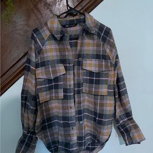Zara Black and Tan Plaid Button-Down Shacket